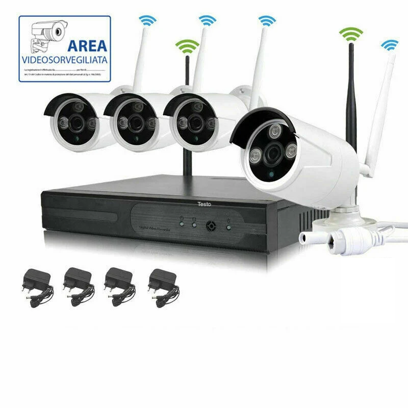 KIT VIDEOSORVEGLIANZA WIRELESS FULL HD IP 4 TELECAMERE 2 MPX WIFI DA REMOTO SENZA FILI
