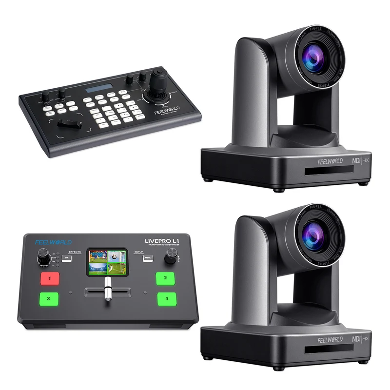 FEELWORLD KBC10 PTZ Controller e Livepro L1 V1 Video Switcher e 2 NDI20X PTZ Camera Bundle Set