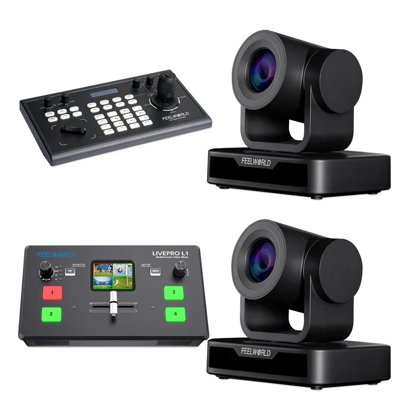 FEELWORLD KBC10 Controller PTZ e Livepro L1 V1 Video Switcher e 2 set di telecamere PTZ USB10X