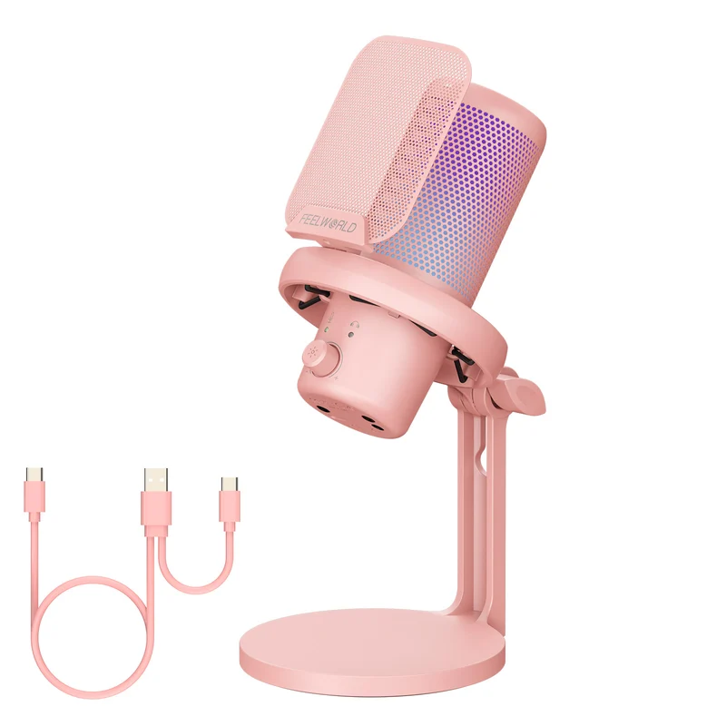 Microfono a condensatore USB per PC da gioco FEELWORLD VM1 rosa con supporto da tavolo