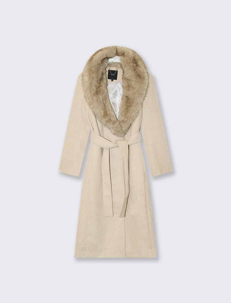 Cappotto lungo con collo in pelliccia - Beige