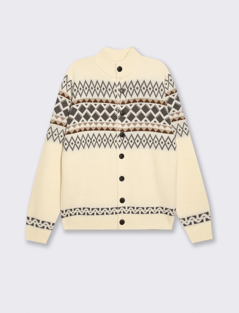 Maglia Cardigan Jacquard con Colletto - Bianco