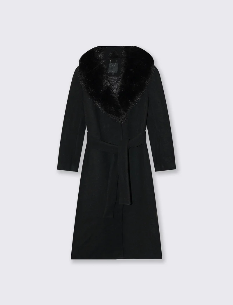 Cappotto lungo con collo in pelliccia - Nero