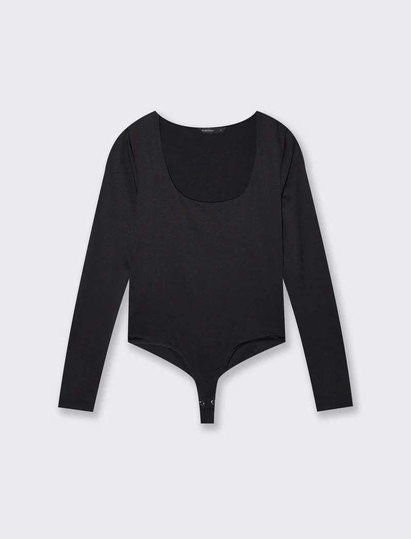 Body a manica lunga con scollo profondo - Nero