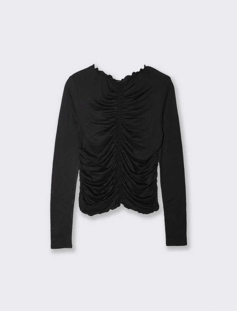 T-shirt arricciata a manica lunga - Nero