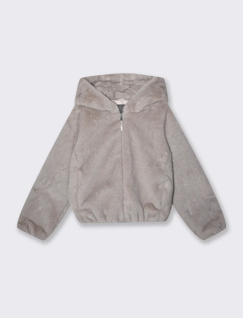 Bomber ecopelliccia con cappuccio e zip - Beige
