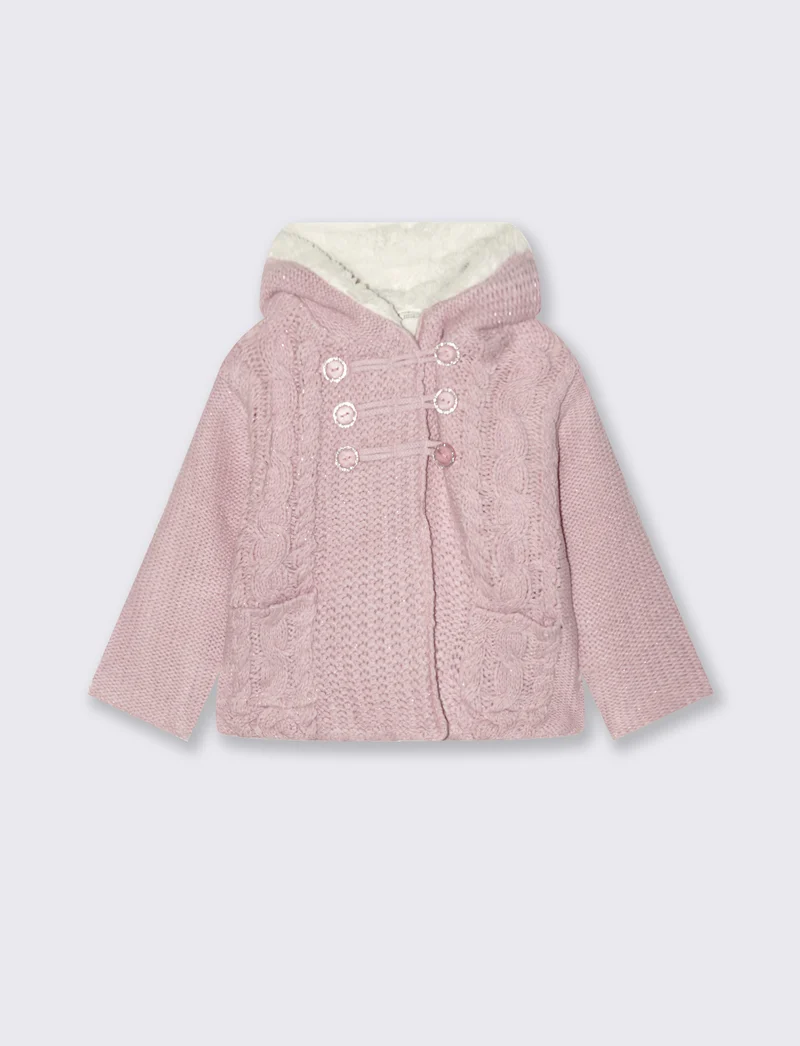 Cardigan con cappuccio e pelliccia morbida - Rosa polvere