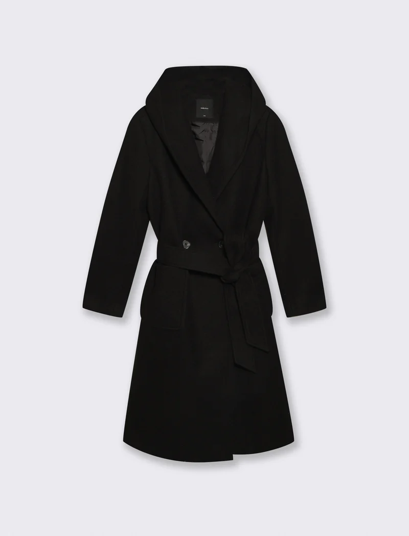 Cappotto basico con cappuccio e cinta - Nero