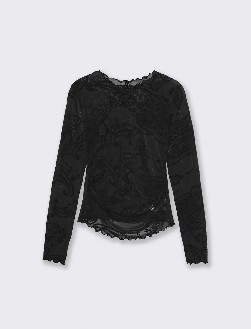T-shirt in rete con arriccio e stampa flock - Nero