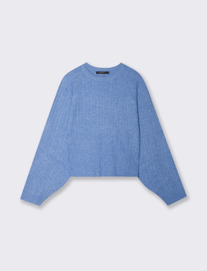 Pullover girocollo con trecce e manica raglan - Celeste melange