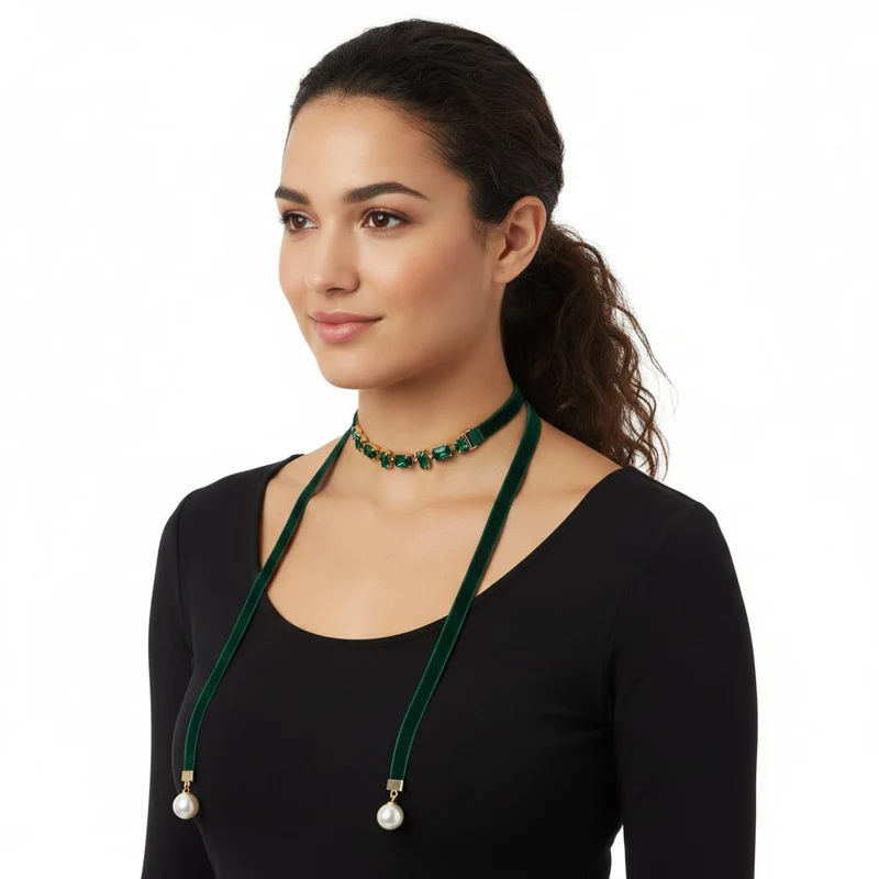 Collana saliscendi in velluto e perle - Verde