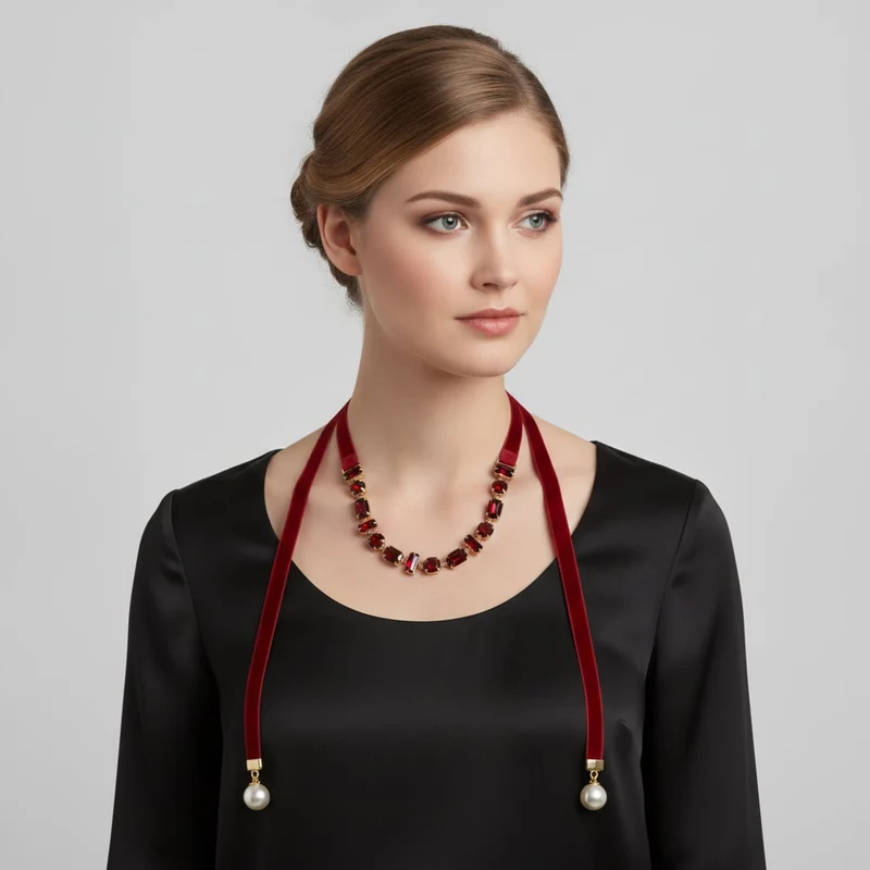 Collana saliscendi in velluto e perle - Bordeaux