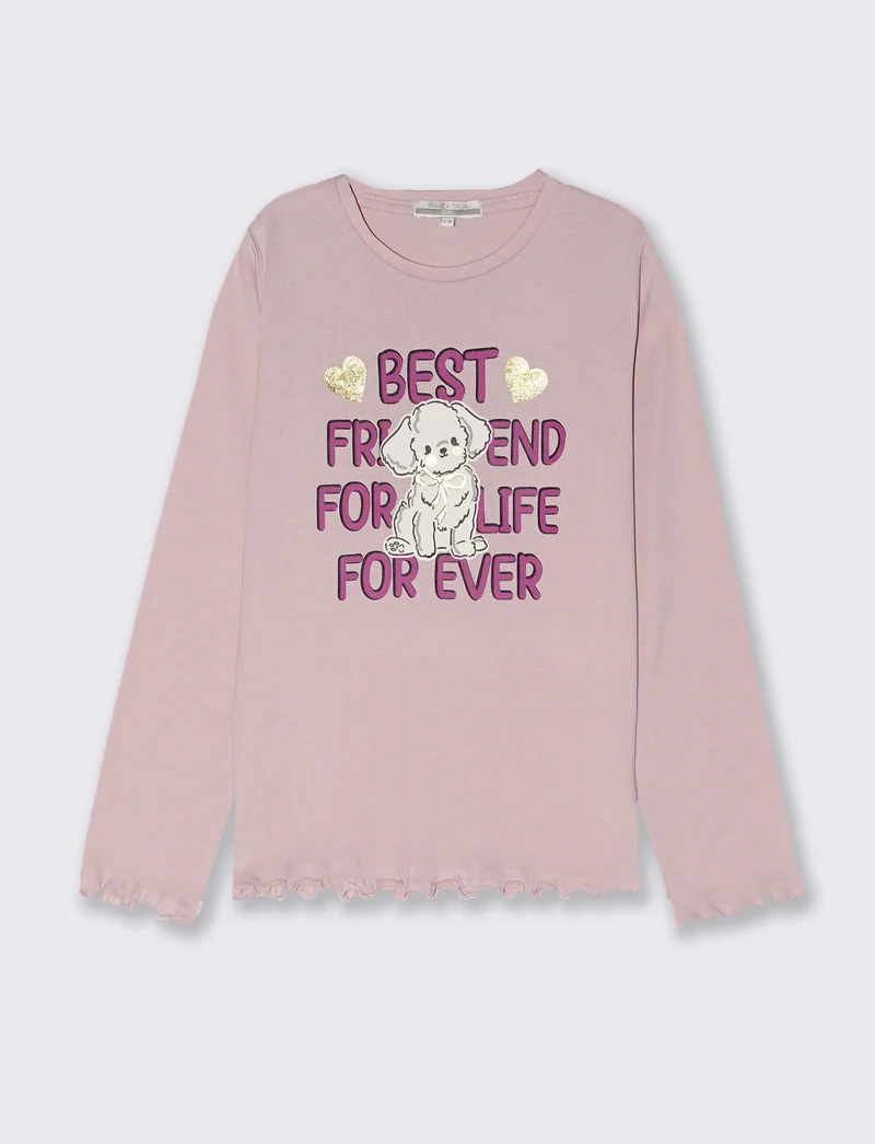 T-shirt manica lunga con orlo ondulato - Rosa polvere