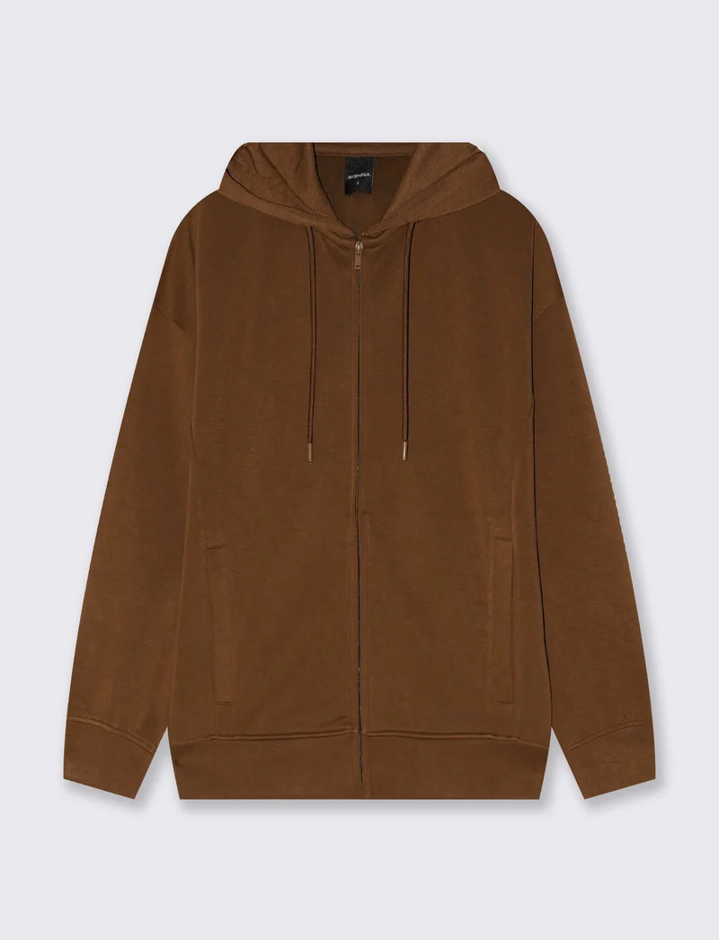 Felpa con zip e cappuccio a manica T - Marrone tabacco