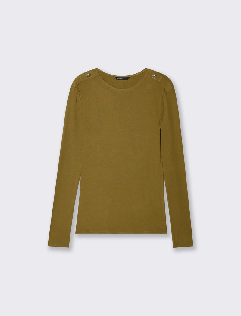 T-shirt manica lunga a costine con bottone - Verde oliva