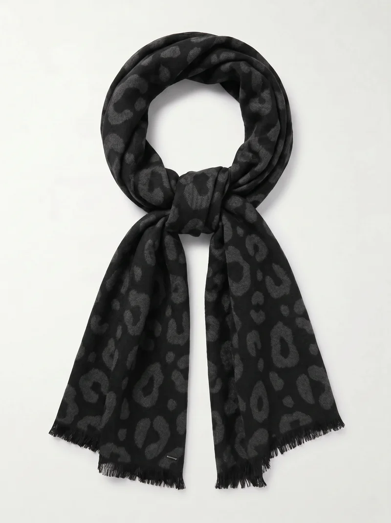 Sciarpa leopardata con frange - Nero
