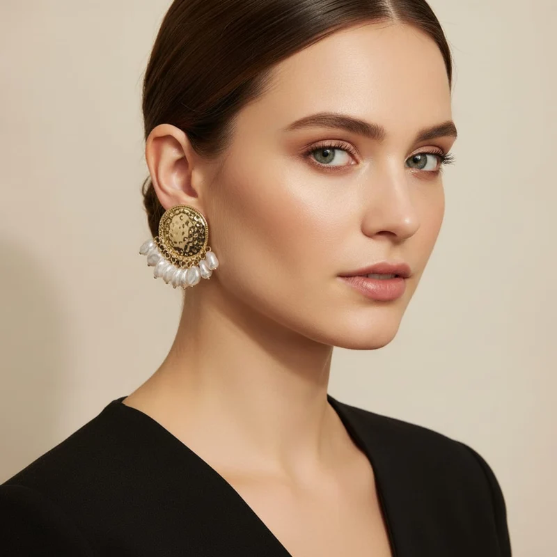 Orecchini medaglione martellato con perle - Oro