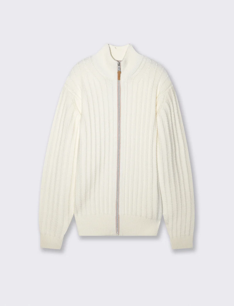 Maglia Cardigan Jacquard con Cerniera - Beige ecru