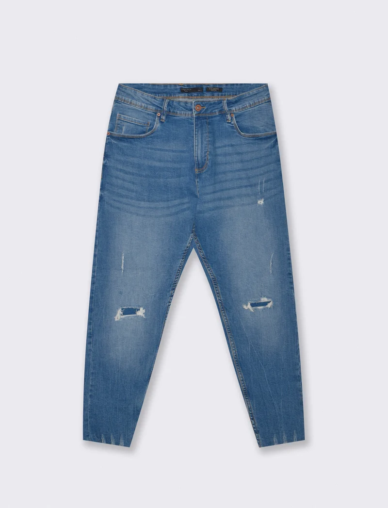 Jeans slim tapered cropped fit con strappi - Denim