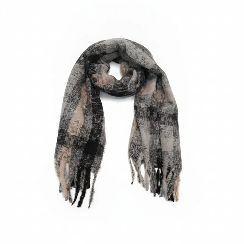 Sciarpa multicolor con frange e quadretti - Nero