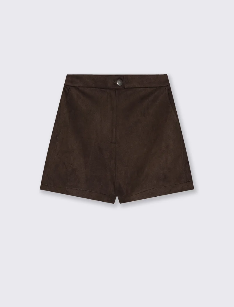 Short in suede con vita media e bottone - Moro