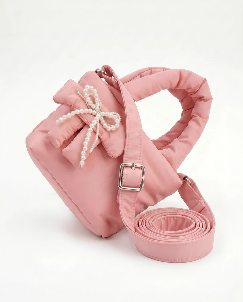 Borsetta nylon puffy c/fiocco perline - Rosa