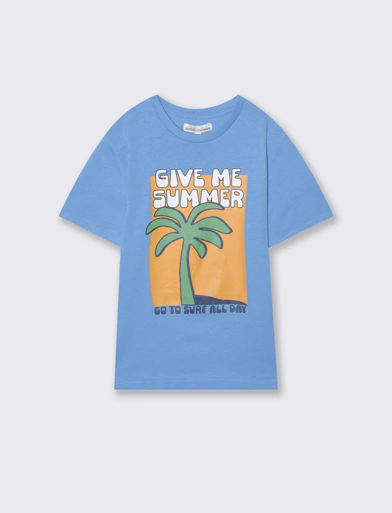 T-shirt estiva in cotone con stampa - Azzurro