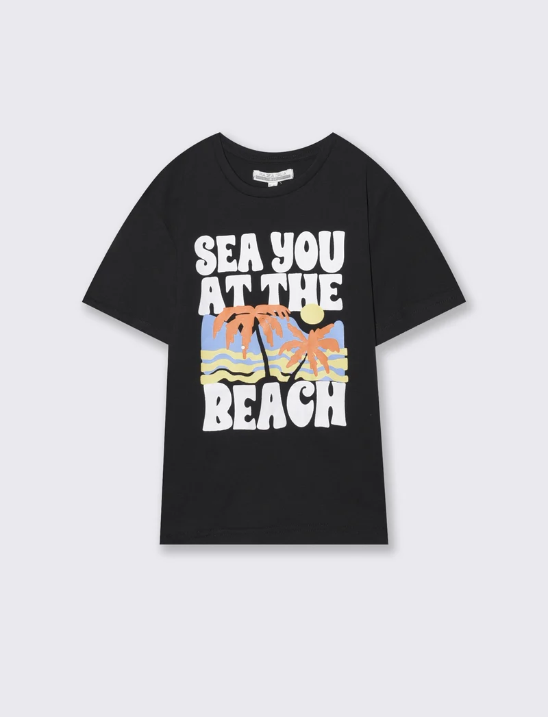 T-shirt estiva in cotone con stampa - Nero