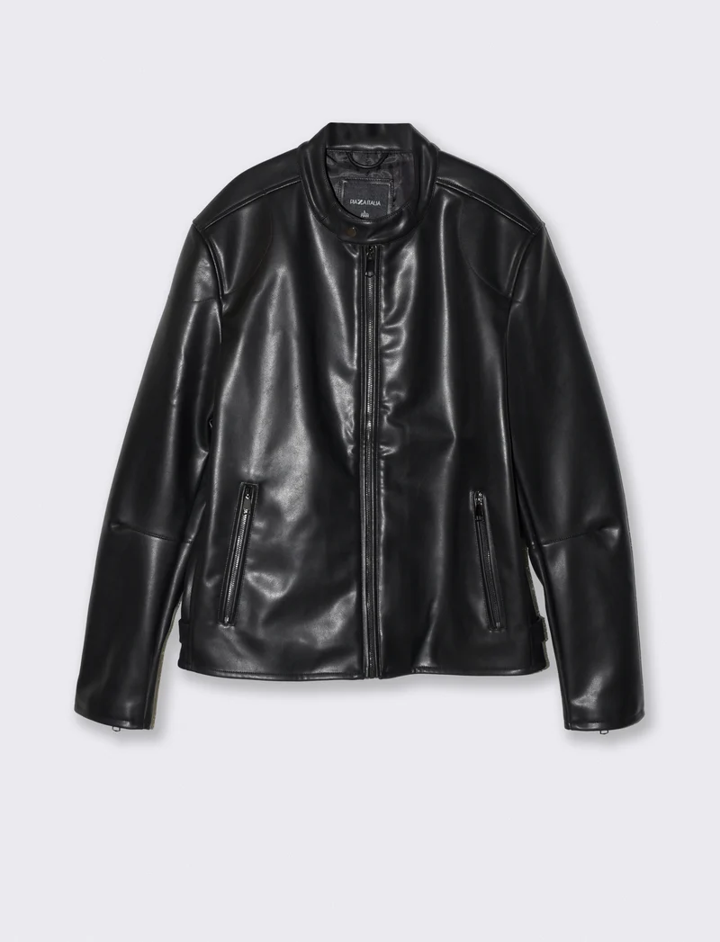 Giubbotto Biker Effetto Pelle con Collo - Nero