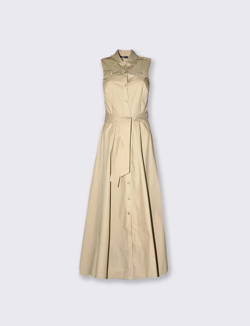 Abito lungo giromanica con cintura - Beige corda