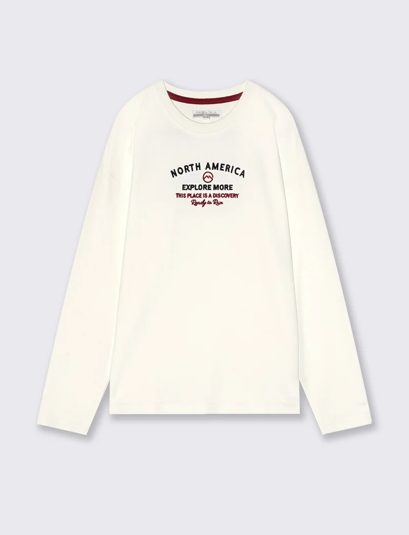 T-shirt in cotone con stampa e ricamo - Bianco latte