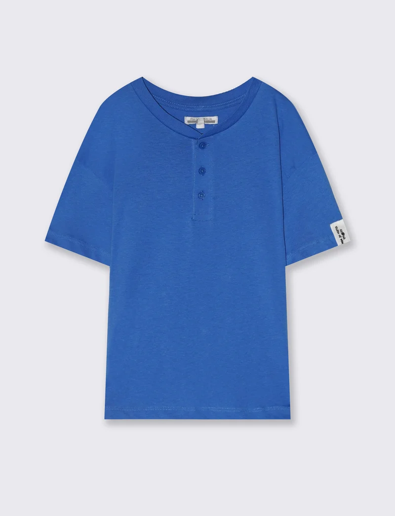 T-shirt Serafino in cotone mezza manica - Azzurro cielo