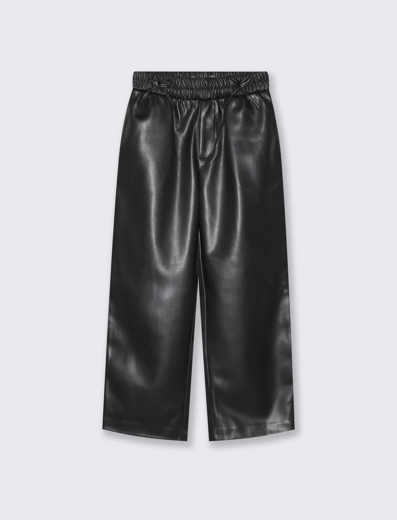 Pantaloni wide leg in finta pelle con tasche - Nero