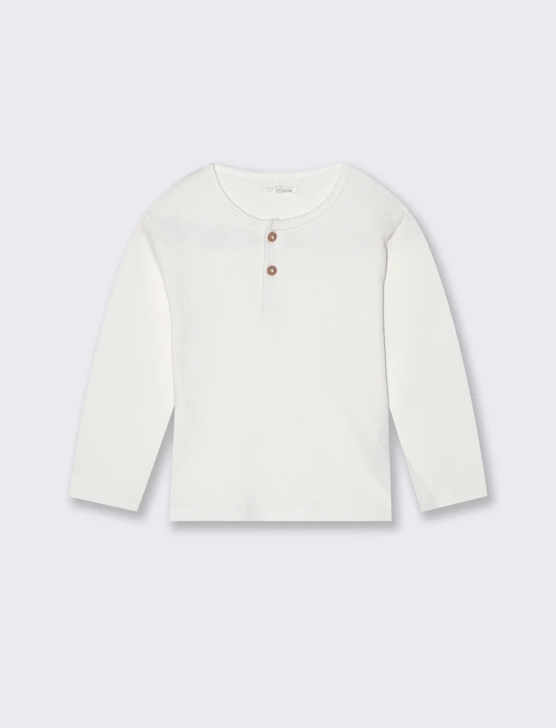 T shirt serafino manica lunga in waffle - Bianco latte