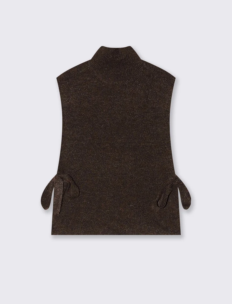 Maglia smanicata a collo alto con fiocco - Moro