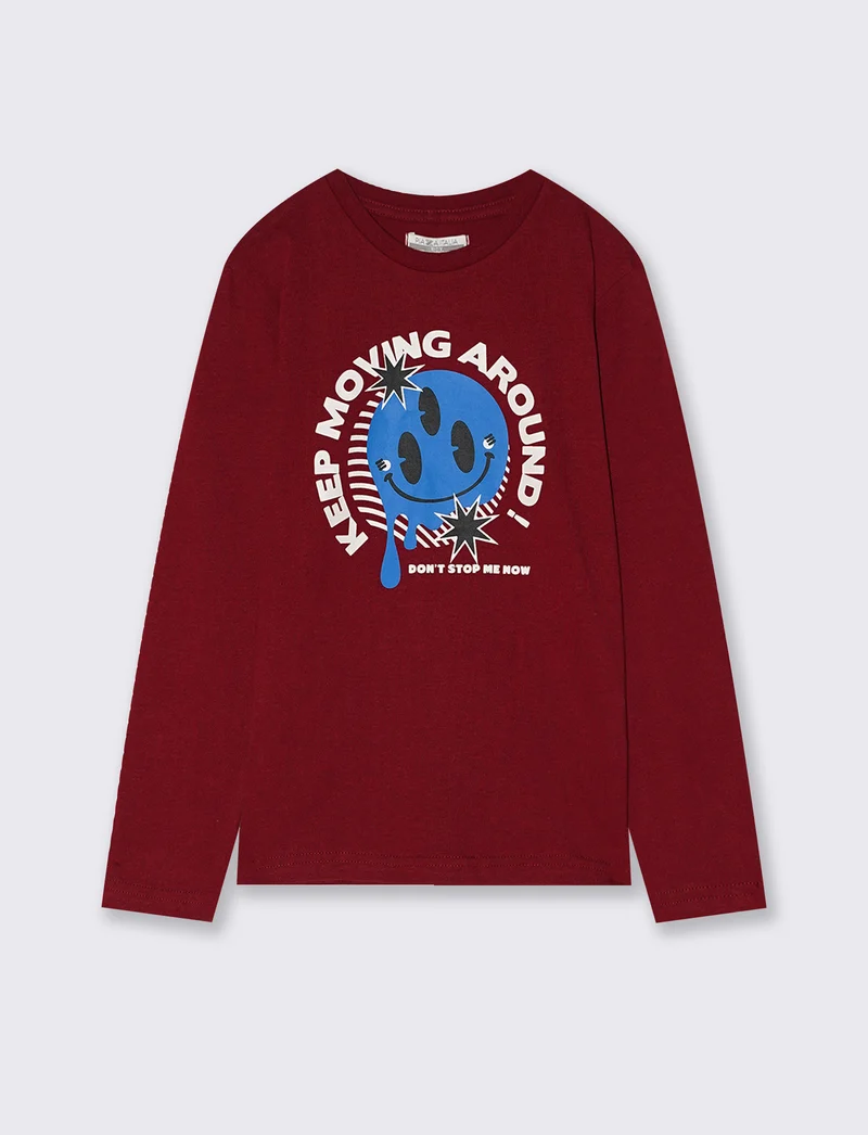 T-shirt manica lunga in cotone con stampa - Bordeaux