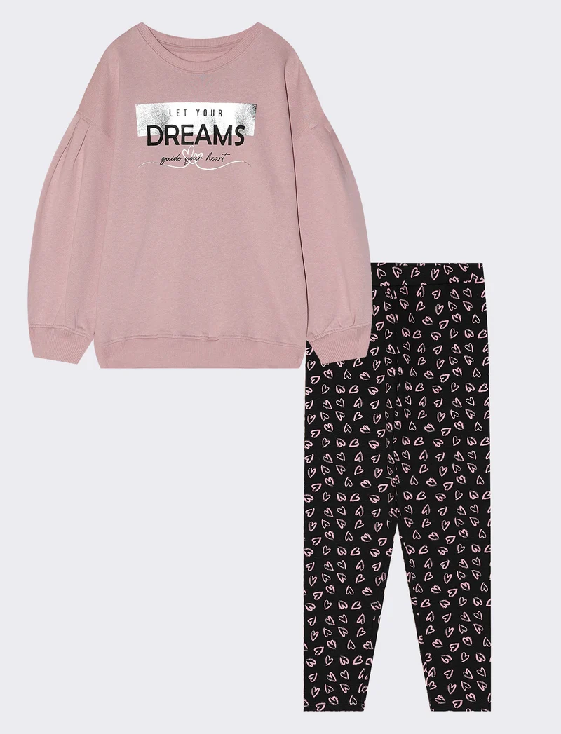 Completo felpa manica lunga e leggings - Rosa polvere