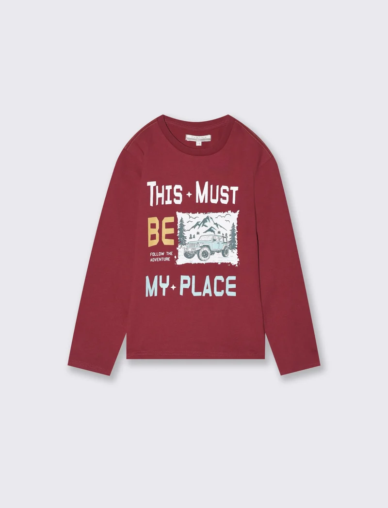 T-Shirt Manica Lunga in Cotone Stampata - Bordeaux