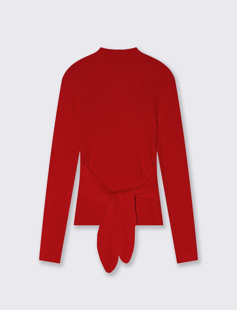 Maglia a collo alto con nodo in vita - Rosso