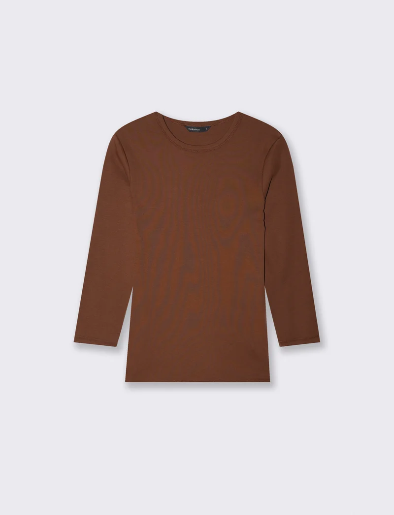 T-shirt basica a costine girocollo 3/4 - Marrone cioccolato
