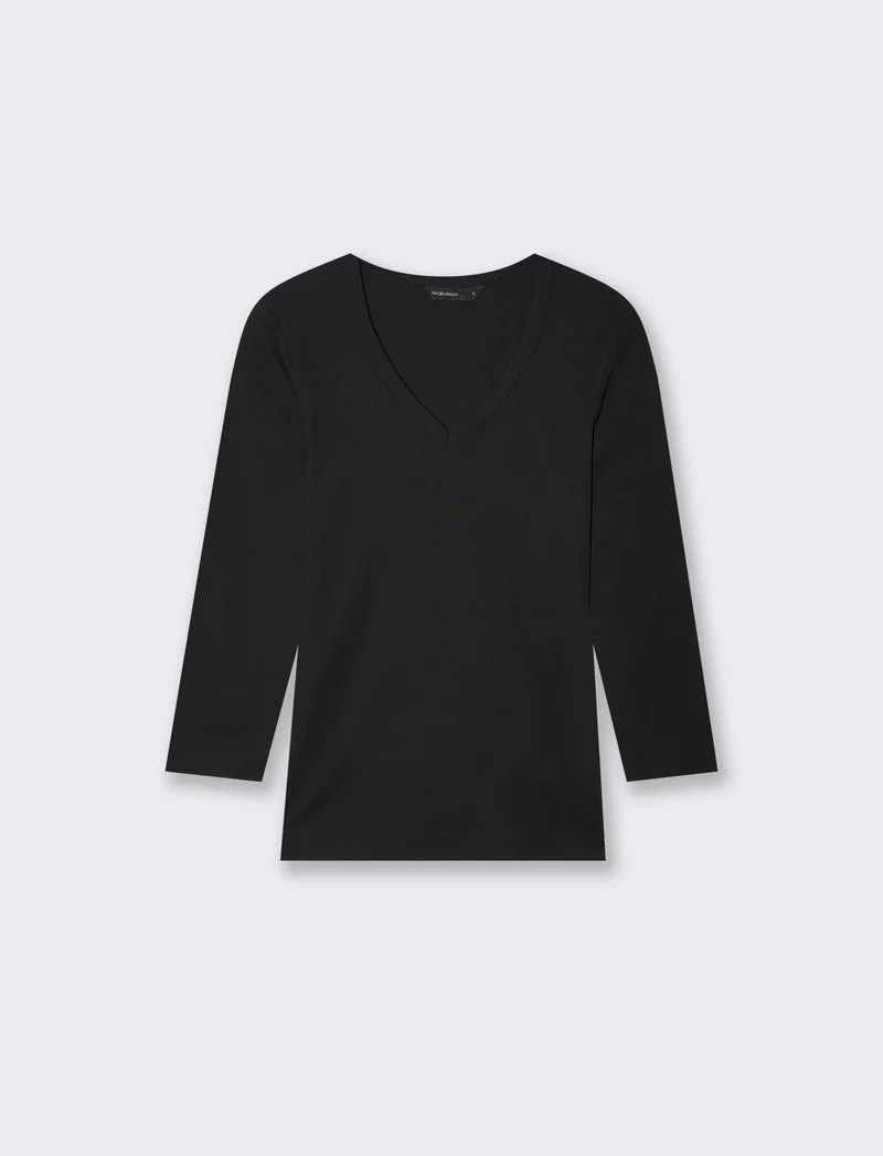 T-shirt a costine con scollo a V - Nero