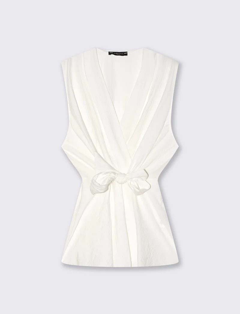 Top giromanica scollo a v con fiocco donna - Bianco