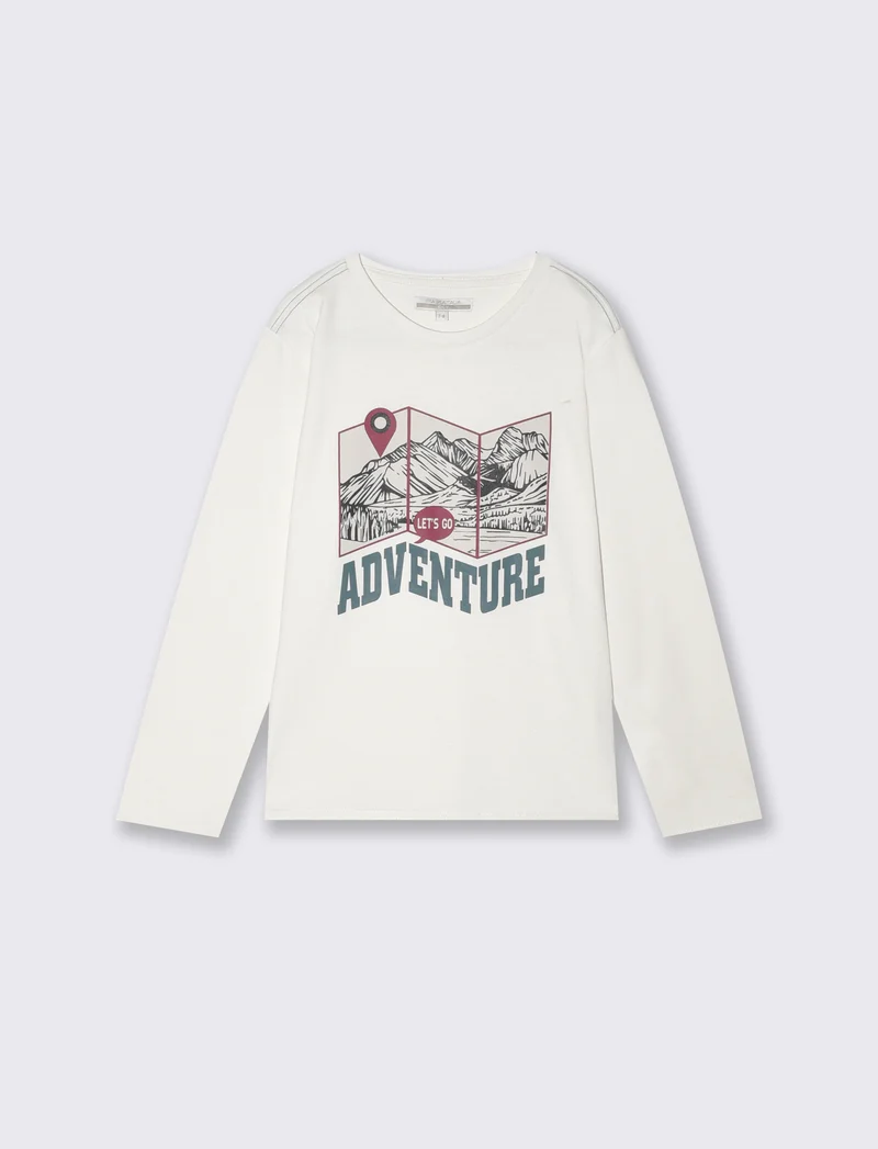 T-Shirt Manica Lunga in Cotone Stampata - Bianco latte