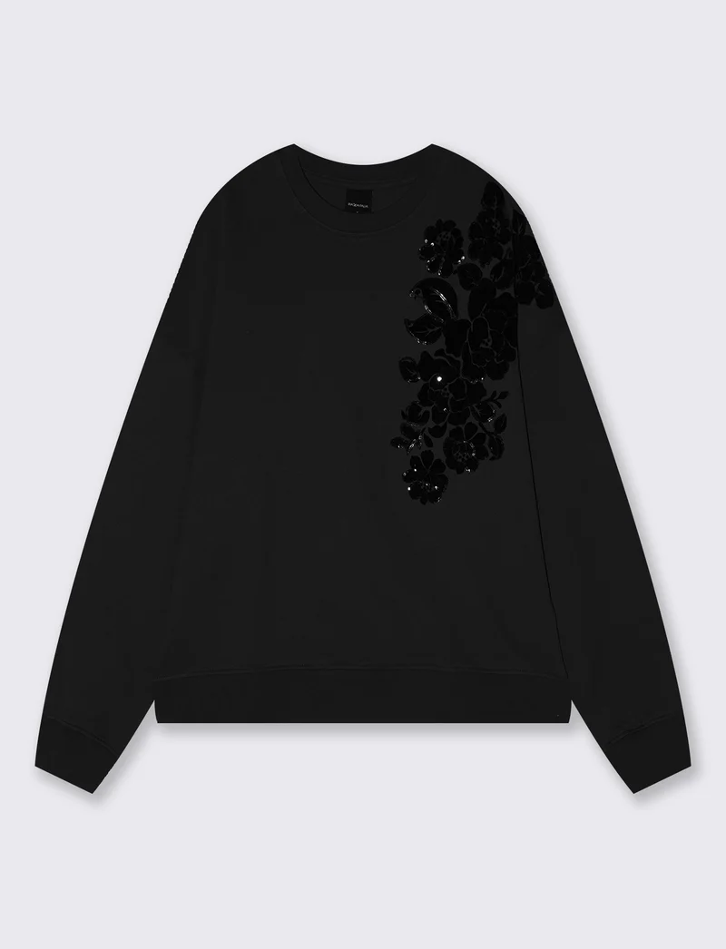 Felpa girocollo con ricami e paillettes - Nero