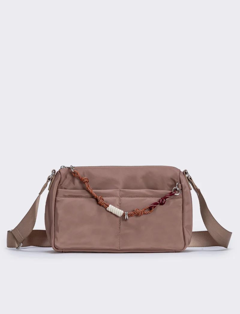 Borsetta in nylon con cordoncino e tracolla - Beige