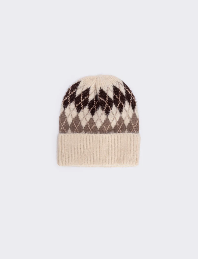 Cappello a quadri con risvolto - Beige
