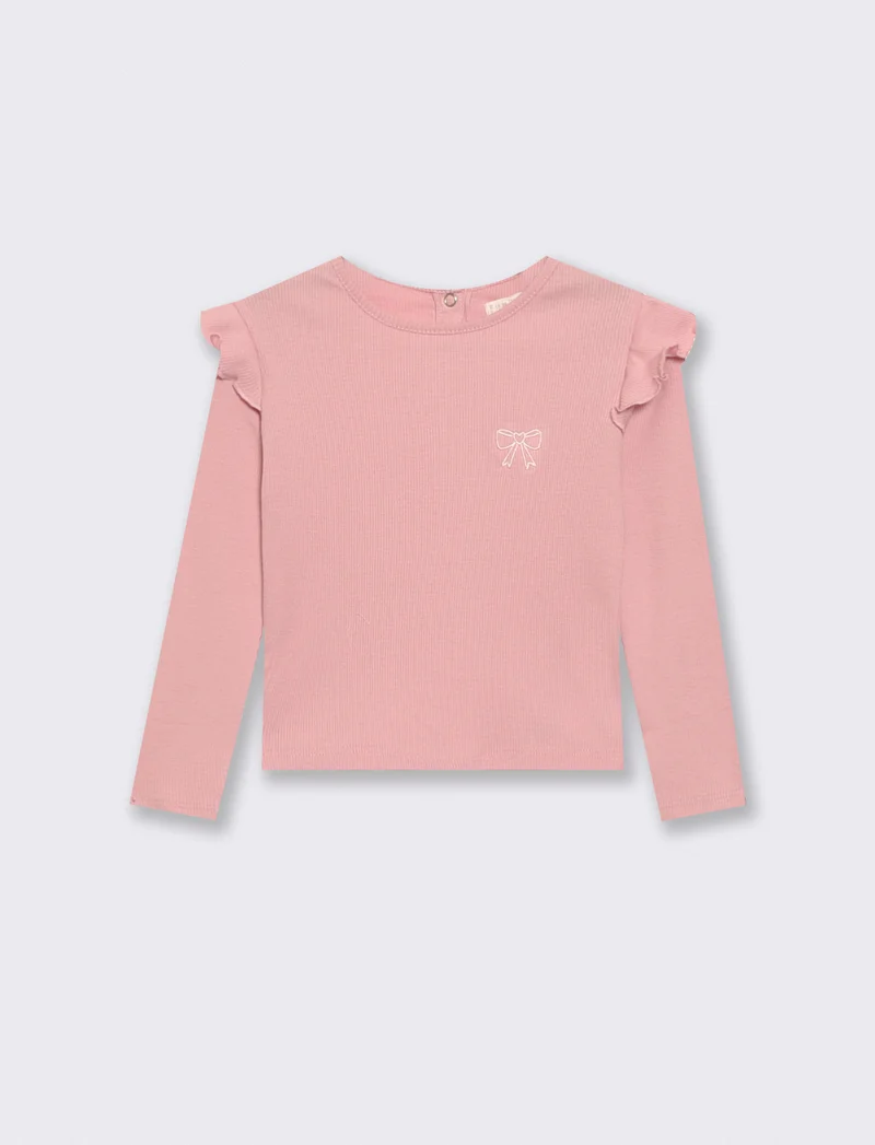 T-shirt in costina con ricamo elegante - Rosa polvere