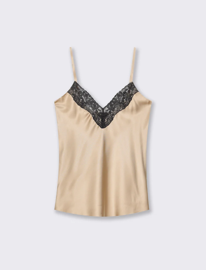 Top con bretelle regolabili e pizzo - Beige grano