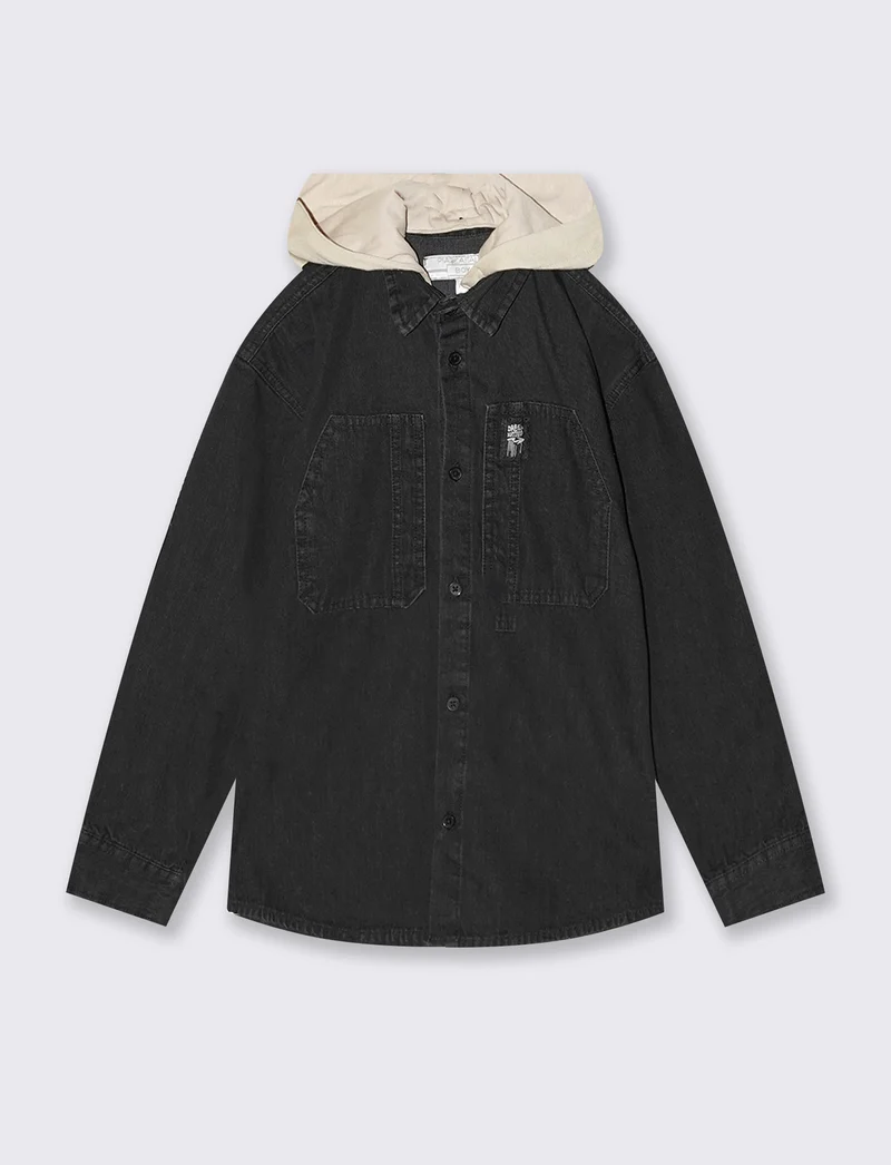 Camicia denim nera con cappuccio e tasche - Nero