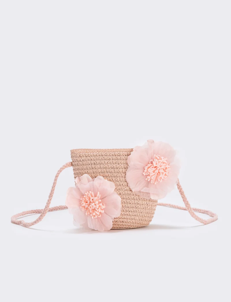 Borsetta paglia con fiori per bambina - Rosa